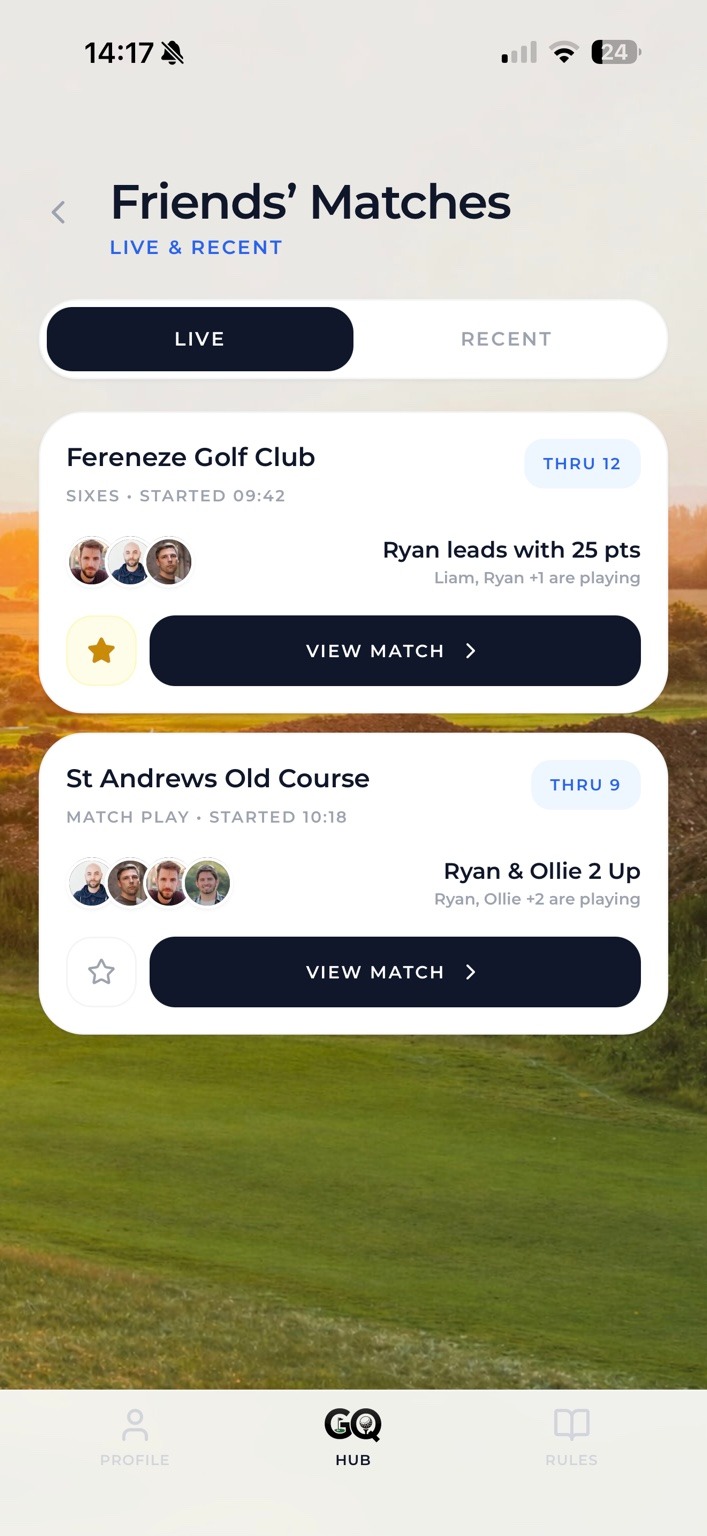 GolfQuarters Friends' Matches screen showing live rounds