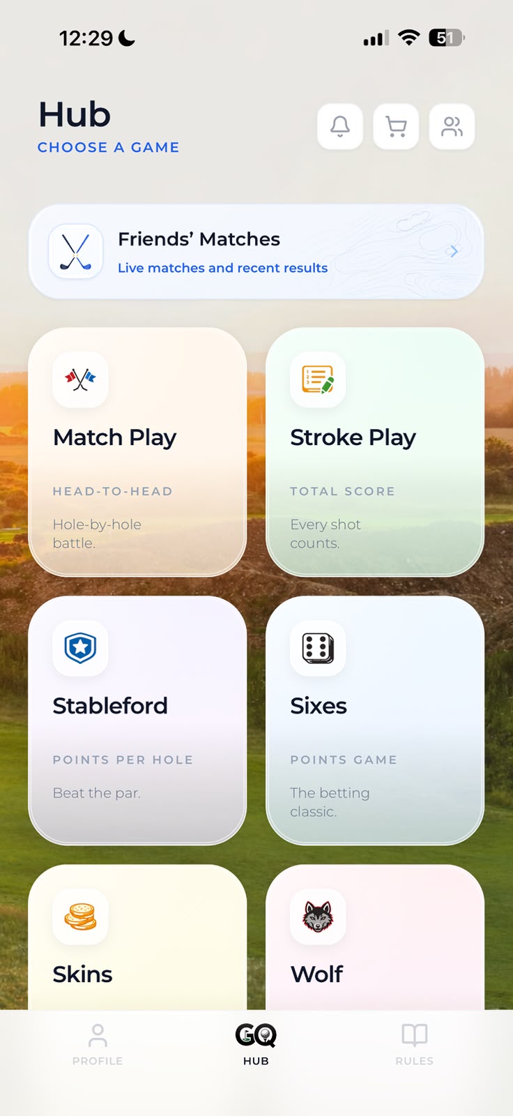 GolfQuarters Hub game selection screen